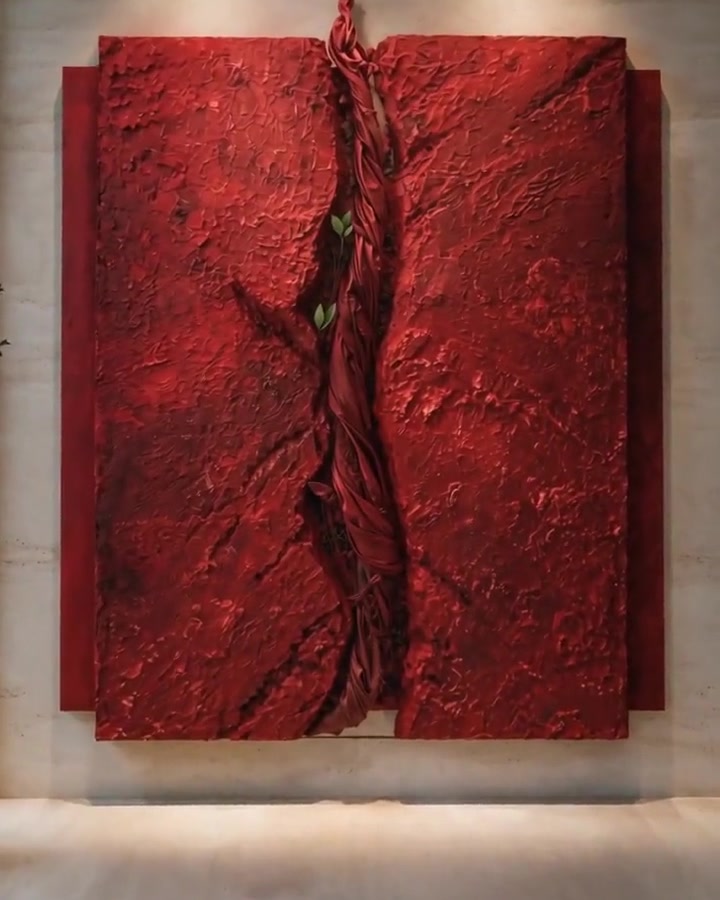 Red textured relief artwork The Rift on a stone wall