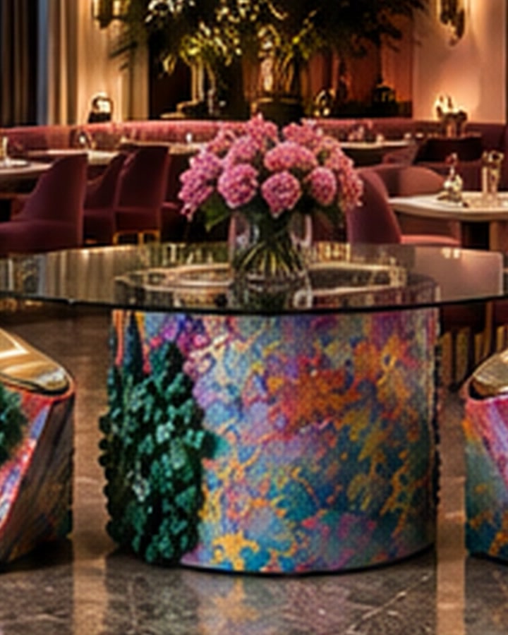Sculptural table with pink flowers in a restaurant, still from an original film